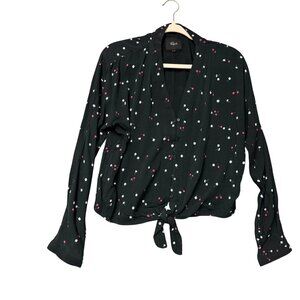 Rails Women's Shirt Sz S Black Cherry Floral Print Tie Front Long Sleeve V-Neck